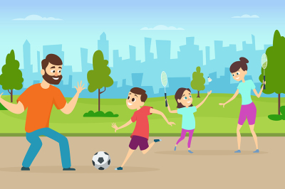 Illustrations of active parents playing sport games in urban park