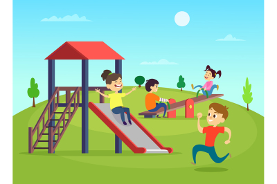 Funny playing kids on playground. Vector illustration