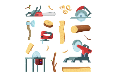 Icon set of different tools of wood industry production