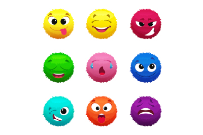 Funny furry faces of monsters. Puffy balls of different colors