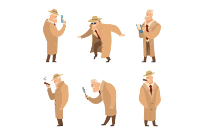 Policeman or detective search criminal. Vector set of funny characters