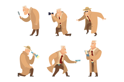 Detective in different action pose. Vector character in cartoon style