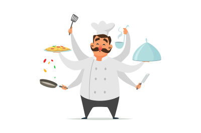 Multitasking chef cooking. Vector funny character isolate on white