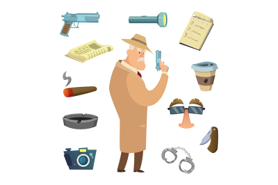 Different tools for detective. Vector icons in cartoon style