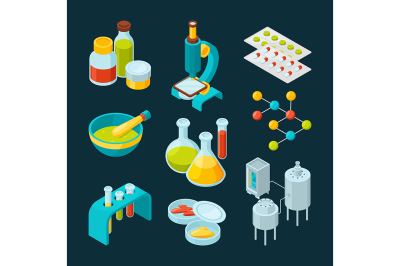 Isometric icons set of pharmaceutical industry and scientific theme