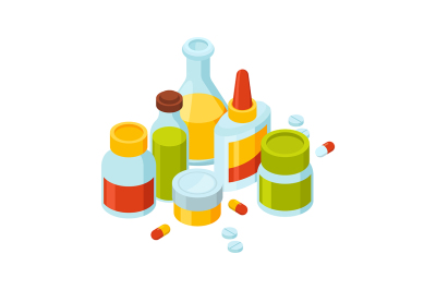 Different bottles with pills and drugs