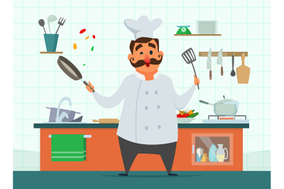 Chef cooking on the kitchen. Vector character in cartoon style