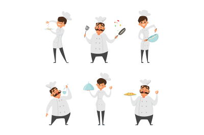 Illustrations of male and female professional chef in action poses