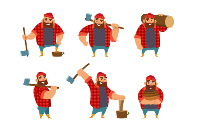 Lumberjack in different poses holding axe in hands