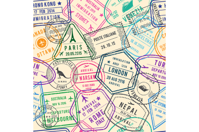 Vector seamless pattern of travel illustrations with stamps