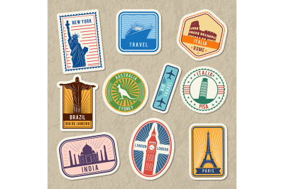 Travel stickers set with different worldwide architectural symbols