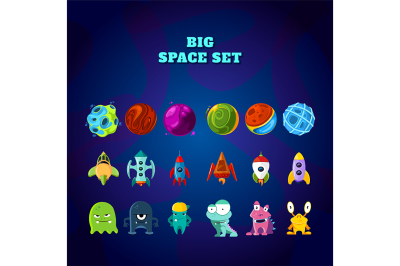 Big space set. Set of space elements. planets, rockets and monsters