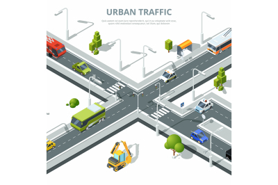 City crossroad. Illustrations of urban traffic with different cars