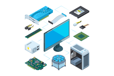 Isometric illustrations of computer hardware