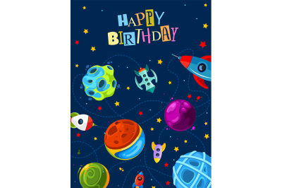 Happy birthday gift card with cute planets and rockets