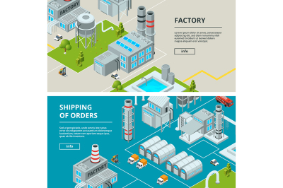 Horizontal banners with industrial buildings. Isometric factory