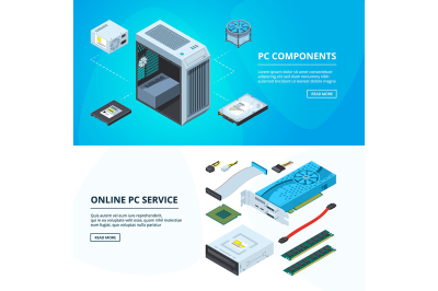 Horizontal banners set with different parts of personal computer