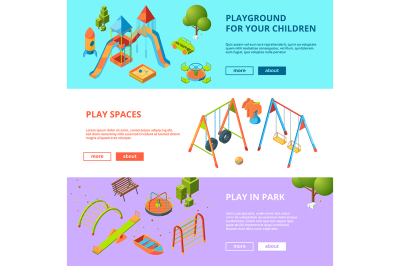 Horizontal banners set with isometric illustrations of kids playground