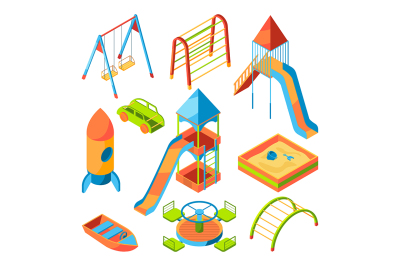 Vector isometric pictures of kids playground with different toys