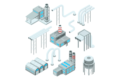 Factory pipe and set of industrial buildings. Isometric style pictures