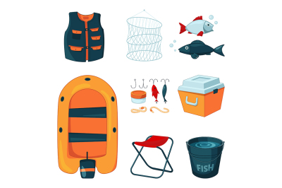 Different tools for fishing. Vector icons set in cartoon style