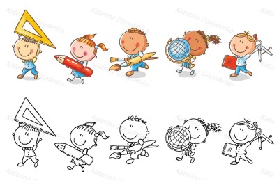 Set of cartoon school kids holding different school objects
