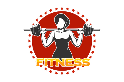 Woman holds Barbell Fitness Emblem