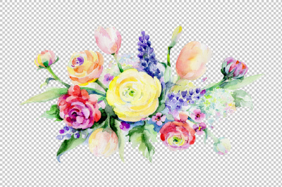 Bouquet summer flowers PNG watercolor set