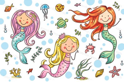 Cartoon mermaid and sea life set, vector illustration