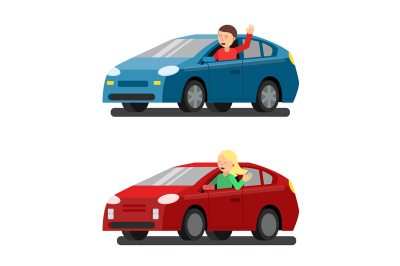 Illustration of male and female drivers in cars