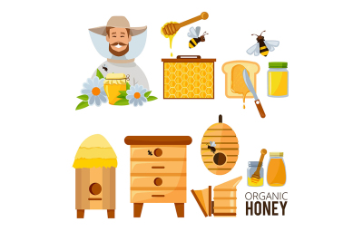 Cartoon illustrations set of beekeeper, beehive and bees