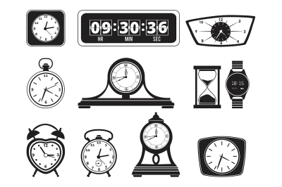 Monochrome illustrations of different clocks. Alarm and bells