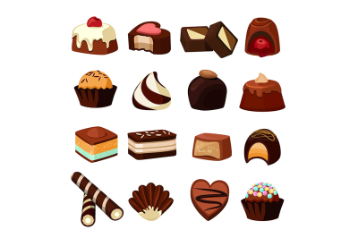 Chocolate desserts. Illustrations of sweets and candy