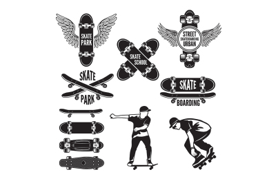 Illustrations of skating and labels for skateboarders