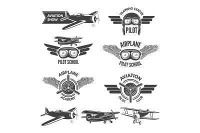 Labels set with illustrations of vintage airplanes