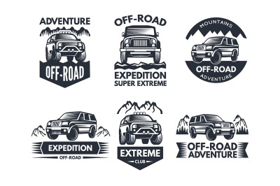 Off road symbols. Labels with 4x4 truck. Logos or labels with suv cars