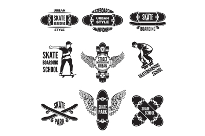 Monochrome labels of skaters. Pictures of skateboarding