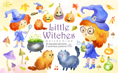Little witches. Halloween watercolor clip arts and seamless patterns