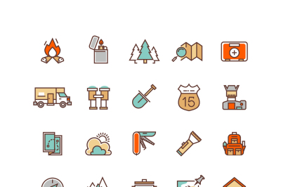 Camping and hiking flat vector icons for infographics