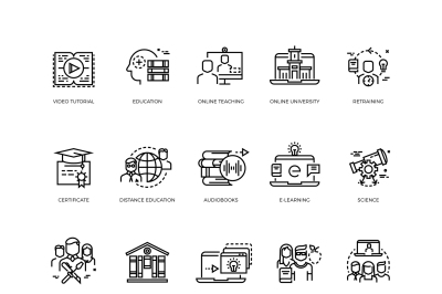 Video tutorials, training courses, online education vector line icons 