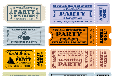 Entertainment&2C; party and cinema vector vintage tickets coupons templat