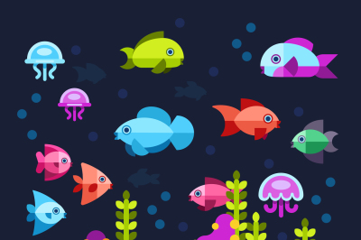 Underwater life with sea animals in flat style