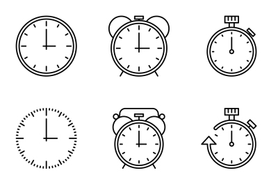 Time and clock vector line icons set