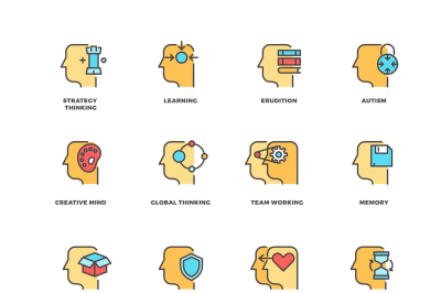 People brain thinking, mental health outline icons with flat elements