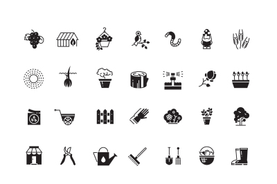 Gardening tools and flowers vector icons