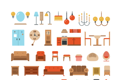 Home and office furniture interiors flat icons set