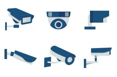 CCTV security video camera vector flat icons set