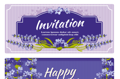 Greeting card&2C; wedding invitation vector template with lavender flower