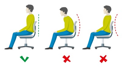 Wrong and right spine sitting posture. Vector office health flat infog