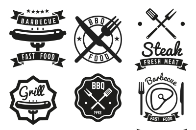 Fast food, BBQ, barbecue vintage vector emblems